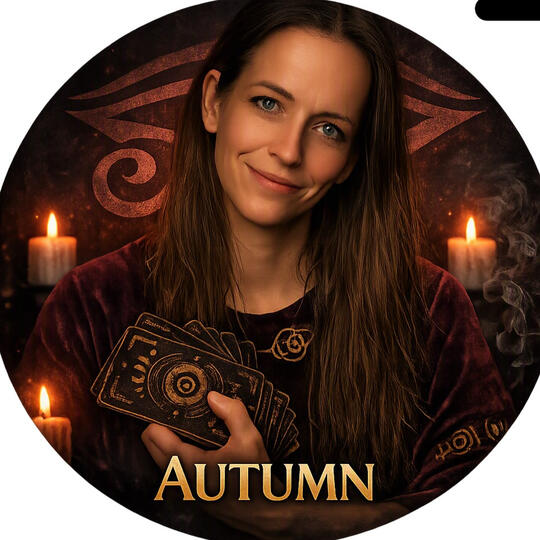 Autumn — True Divinity Tarot Portrait of Autumn holding tarot cards with a charcoal‑red mystical background, Eye of Horus glow, candles, and gold AUTUMN text.
